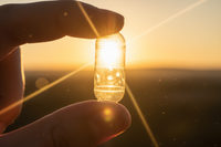 Clear pill capsule held against golden sunlight